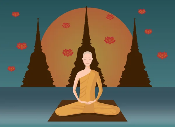 Monk meditation in front of pagoda — Stock vektor