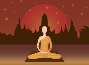 monk meditation in front of old temple