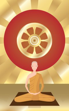 monk meditation in front of  the wheel of the law