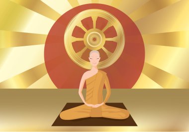 monk meditation in front of  the wheel of the law
