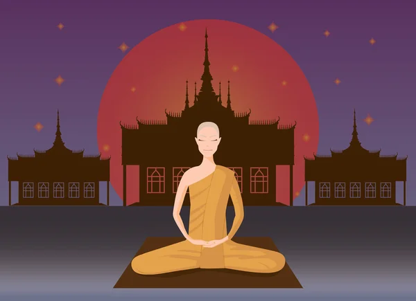 Meditación monje frente al templo — Vector de stock