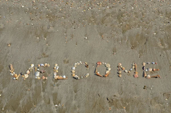 Welkom schelpen formulering op het strand — Stockfoto