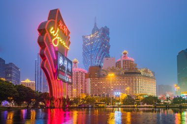 Casino Building skyline night in Macau clipart