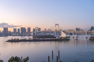 Tokyo körfezi alacakaranlıkta Tokyo şehrindeki Gökkuşağı Köprüsü manzaralı.