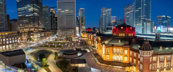 Tokyo şehrinin manzaralı gökdeleni. Gece tarihi binalar var..