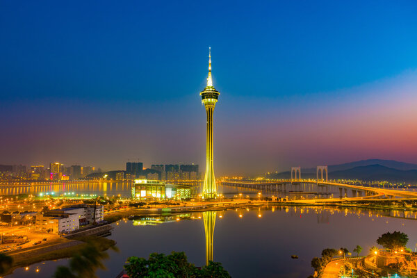 Cityscape of Macau Tower at night in China