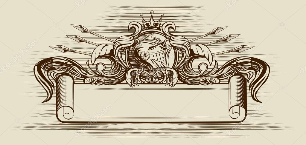 Vintage banner with a knights helmet, spears, ribbon and floral pattern