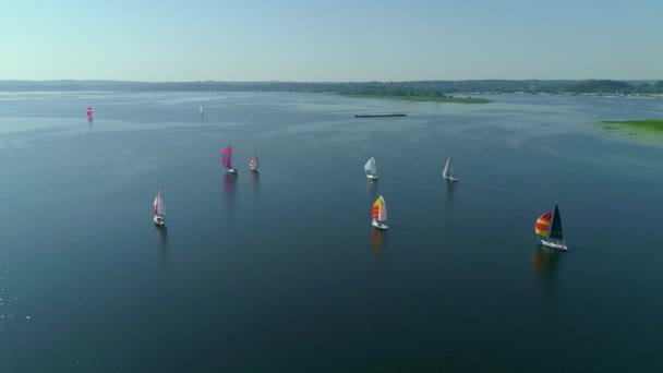 Aerial drone footage of regatta or sailing race at Dnipro river — Stockvideo