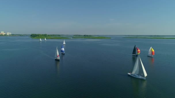 Aerial drone footage of regatta or sailing race at Dnipro river — Vídeo de stock