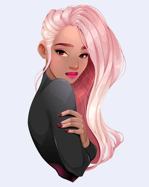 Retrato Una Hermosa Mujer Con Pelo Rosa Dibujos Animados Vectoriales — Vector de stock