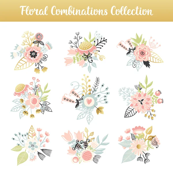 Floral combinaties hand getekende Vintage set — Stockvector