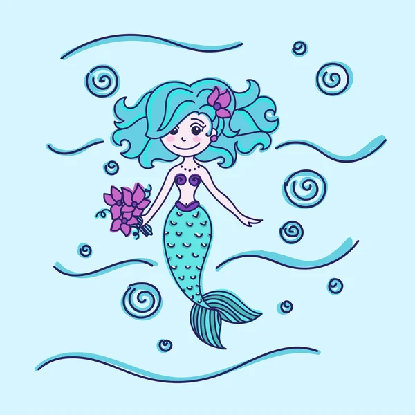 Sirena con flores — Vector de stock