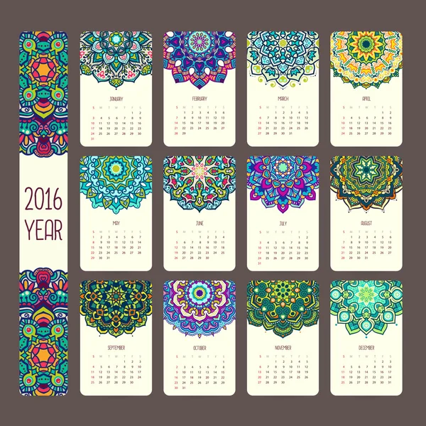 Calendario 2016 con mandalas . — Vector de stock
