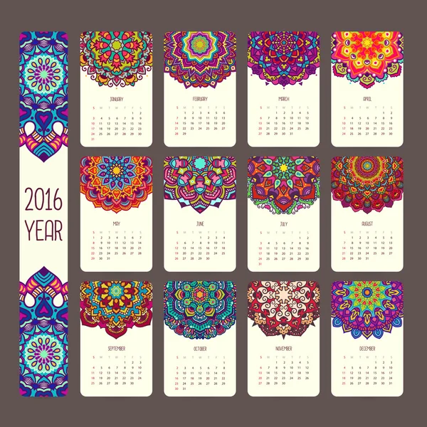 Calendario 2016 con mandalas . — Archivo Imágenes Vectoriales