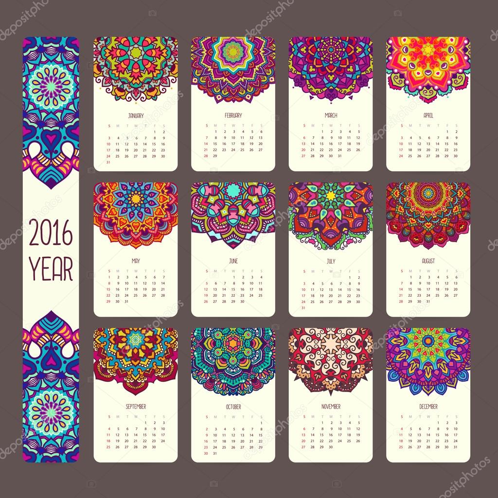 Calendar 2016 with mandalas.