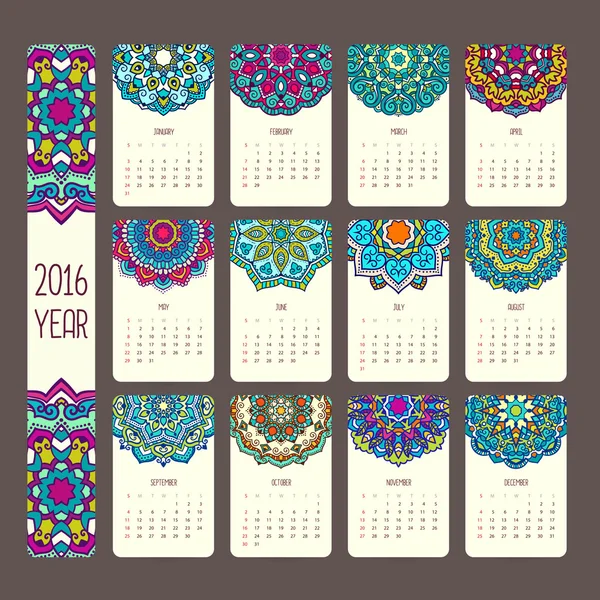 Calendario 2016 con mandalas — Vector de stock