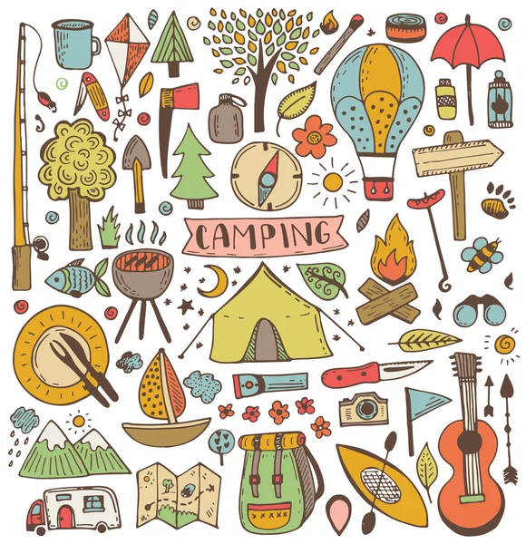 Camping doodle conjunto — Archivo Imágenes Vectoriales