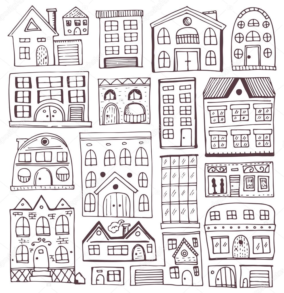 Sketch set of houses in doodle style