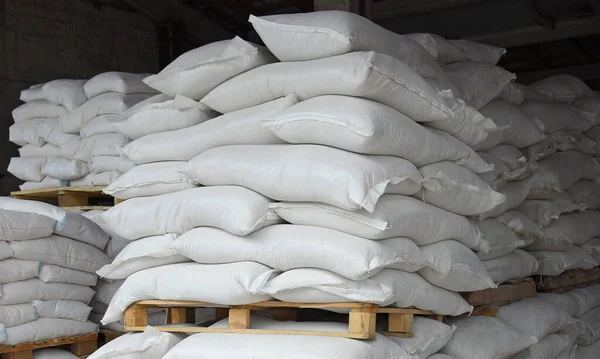 Production warehouse, the bags are folded for storage of different ingredients.