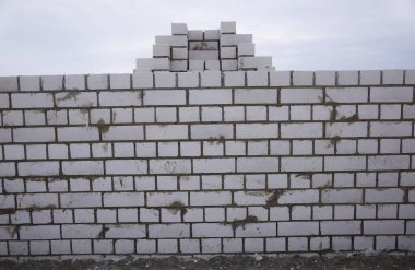 Bir tuğla ustası betonu malayla yıkıyor, beton bir duvar örüyor, şehirde bir ev inşa ediyor, bir işçi tuğla örüyor..