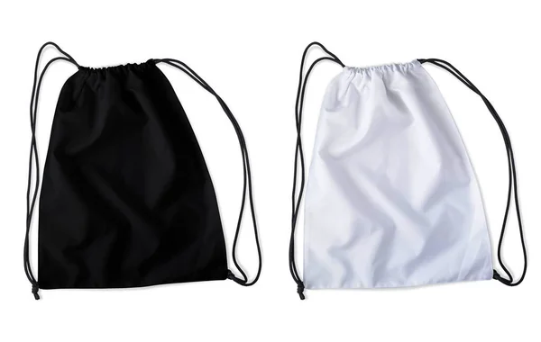 3Dイラスト 黒と白のドローストリングバッグモックアップ隔離された1つの白い背景 — ストック写真