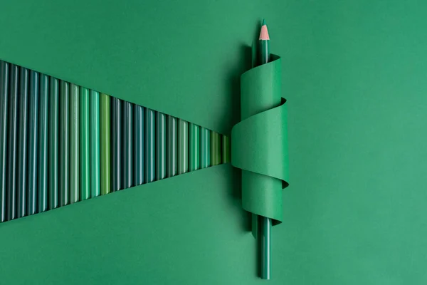 Satu Pensil Hijau Dalam Kertas Melengkung Dengan Latar Belakang Hijau — Stok Foto