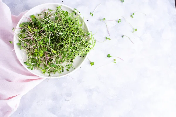 Campuran Segar Microgreens Pada Piring Putih Dengan Serbet Pada Latar — Stok Foto