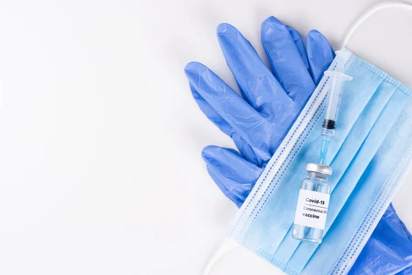 Coronavirus Vaccination Concept Covid Vaccine Vial Syringe Medical Mask Gloves — Stok Foto
