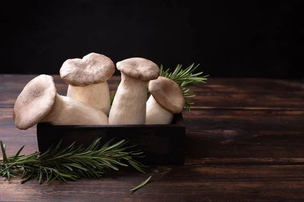 Four Fresh King Oyster Mushroom Sprigs Rosemary Box Dark Wooden Stock Picture