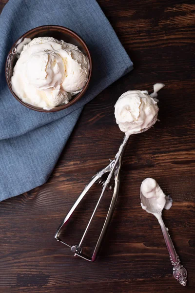 Ball Vanilla Homemade Ice Cream Spoon Bowl Ice Cream Dark — Stock Photo, Image