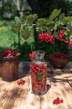 Kırmızı frenk üzümü cam bir şişede ve kaseler bahçedeki ahşap bir masada, güneşli bir günde, kapat..