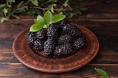 Koyu ahşap arka planda olgun böğürtlenlerle dolu tabaklar, sağlıklı yiyecekler, yakın plan..