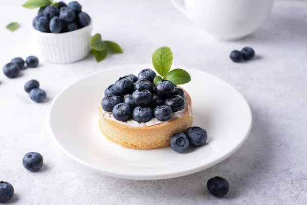 Delicious Blueberry Tart White Plate Green Sprig White Background Healthy — Stok Foto