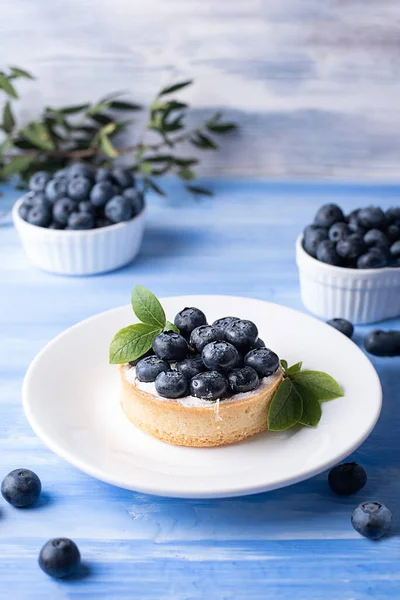 Köstliches Beerendessert Blaubeertorte Auf Weißem Teller Vor Blauem Hintergrund Süßes Stockbild