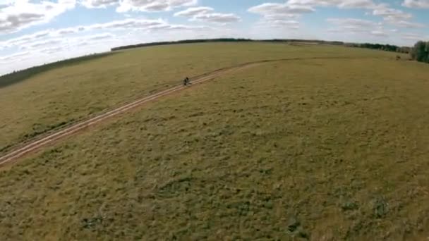 Vista dall'alto volare drone fpv due ciclisti che viaggiano in bicicletta attraverso il campo verde in campagna estiva. Persone turistiche che guidano in bicicletta sul prato verde durante i viaggi estivi. — Video Stock