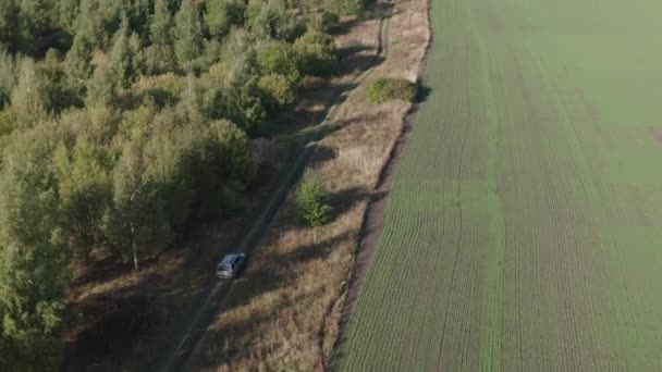 Szürke SUV autó lassan halad végig az üres árnyas és napos vidéki út között zöld mező és erdő a napos nyári napon légi madártávlat — Stock videók