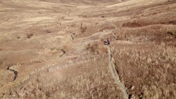 Flygfoto från ovan två backpacker går på fantastiska naturliga dalen njuter av extrem aktiv livsstil. Helikopter skytte turist människor promenader på äventyr väg berg kuperat område dyker upp — Stockvideo