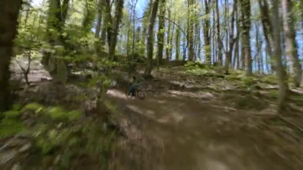 Atleta motociclista tiro aéreo montar en terreno montañoso en el parque forestal de verano con árboles de hierba verde — Vídeo de stock