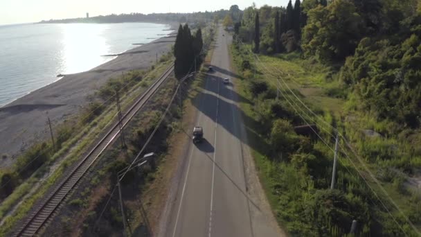 Suv black car drive along grey asphalt coastal highway between forest — Stock Video