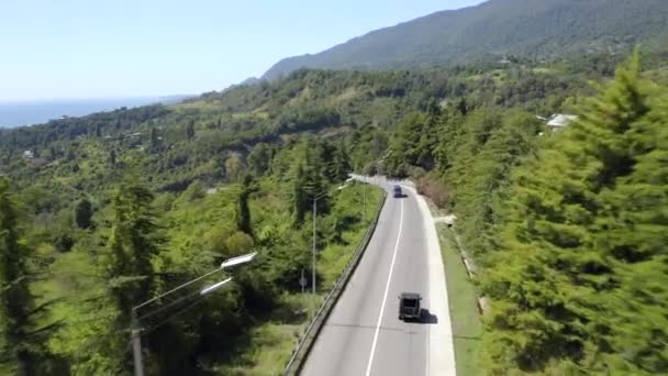 Carro suv preto e vários automóveis dirigem ao longo da estrada cinza — Vídeo de Stock