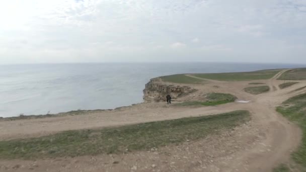 Turistas negros se paran en la carretera entre prado y mar gris — Vídeo de stock