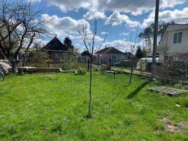 Yeşil çimenli arka plan ve bulutlu açık mavi gökyüzü ile kır evi manzarası.