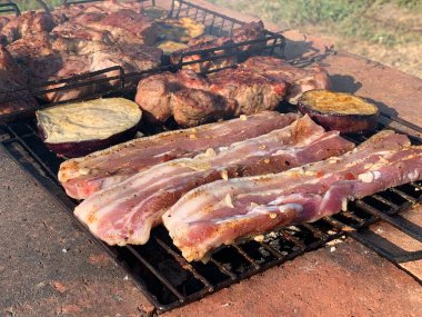 Raw marinated meat in spices is grilled. Cooking pork. BBQ meat.