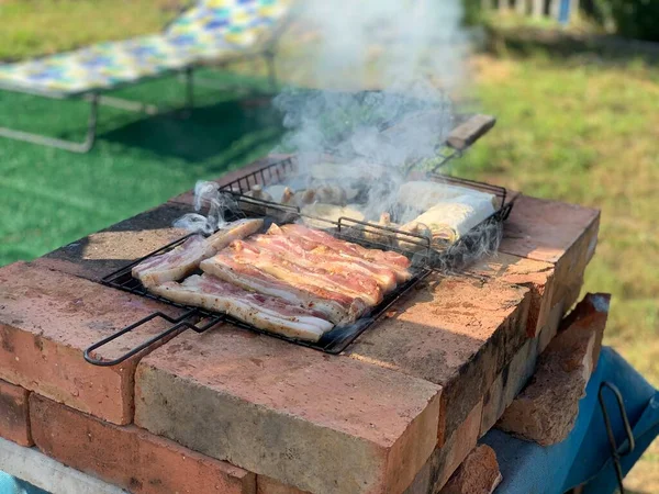 Der Prozess Des Grillens Von Fleisch Schweinefilet Vom Grill Schaschlik — Stockfoto