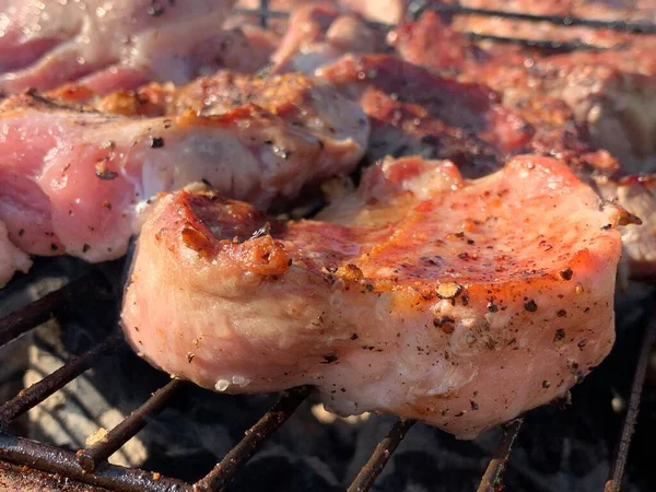 Carne Cruda Marinada Especias Asada Parrilla Cocinar Cerdo Carne Barbacoa —  Fotos de Stock