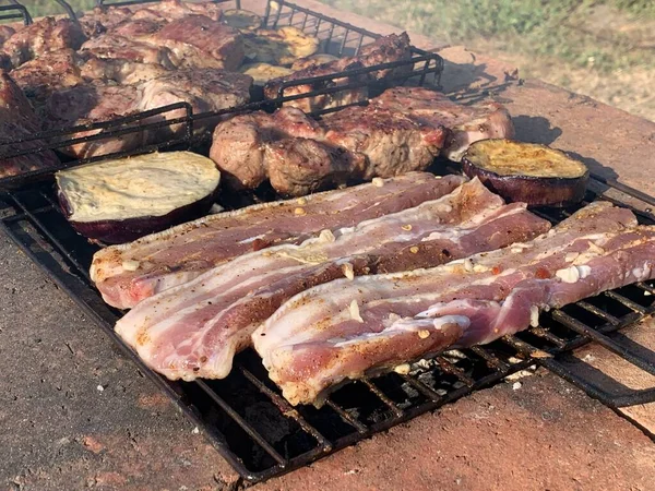 スパイスの生マリネ肉を焼きます 豚肉料理 バーベキュー肉 — ストック写真