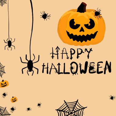 Turuncu arka planda balkabağı ve örümcekli Cadılar Bayramı afişi.