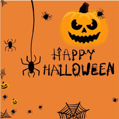 Turuncu arka planda balkabağı ve örümcekli Cadılar Bayramı afişi.