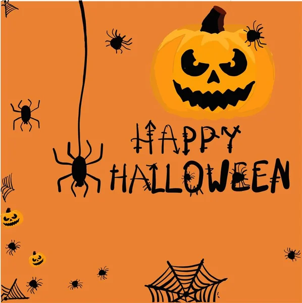 Halloween Banner Κολοκύθες Και Αράχνες Πορτοκαλί Φόντο — Διανυσματικό Αρχείο