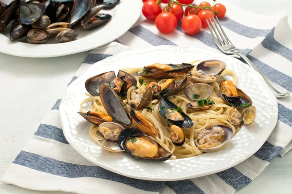 pasta with seafood with mussels and clams,italy